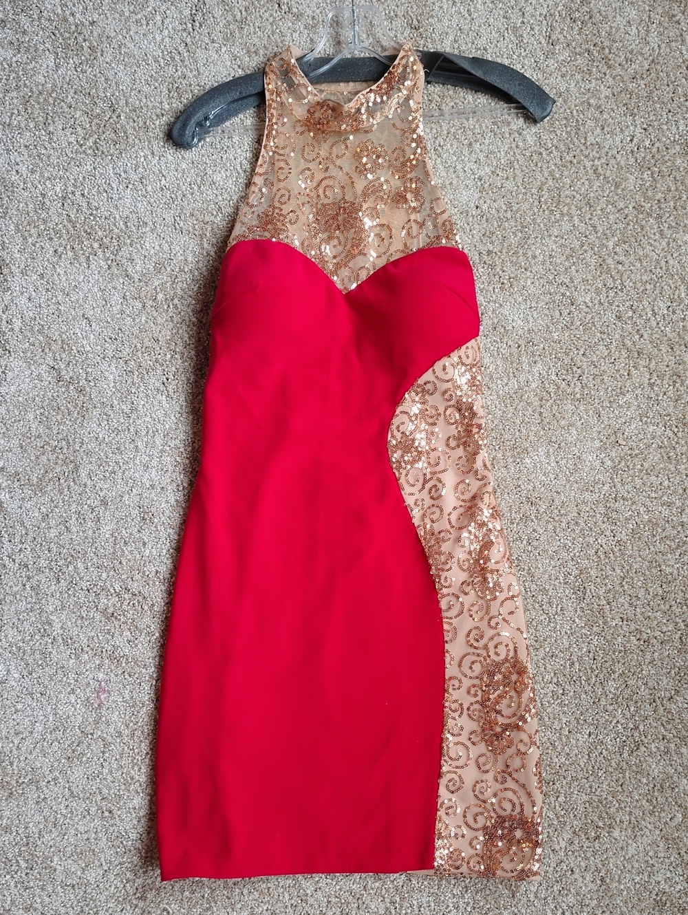 Clarisse Red Midi Dress with Gold Sequin Accents